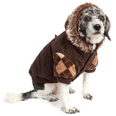 Imagem de Jaqueta Pet Life Designer Fashion Argyle Suede Pet Dog Jacket Parka Sweater com isolamento 3M e capuz removível, PP, marrom