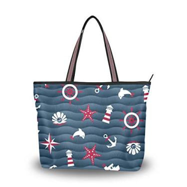 Imagem de Bolsa tote com símbolos do mar em azul ondulado, bolsa de ombro para mulheres e meninas, Multicolorido., Medium