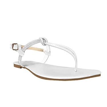 Imagem de Sandálias rasteiras para mulheres elegantes sandálias femininas de cristal com tira plana com fivela de strass (branco, 37)