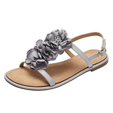 Imagem de Sandálias de praia femininas flor fada vento boêmio sapatos femininos respiráveis de bico aberto sandálias de praia casuais com fivela (cinza, 8)