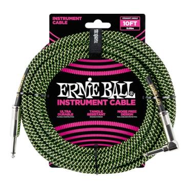 Imagem de Ernie Ball Braided Instrument Cable, Straight/Angle, 10ft, Neon Green/Black (P06077)