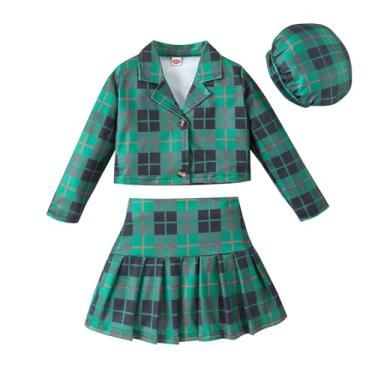 Imagem de Mercatoo Conjunto de saia para bebês meninas outono inverno gola V manga longa camiseta top e saia xadrez vestido 2 peças roupas, Verde, 7 Anos