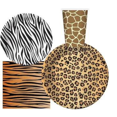 Imagem de Serve 30 | Pacote completo de festa | Artigos de festa com estampa de animais do zoológico da selva | pratos de papel de jantar de 22,86 cm | pratos de papel de sobremesa de 17,78 cm | 340 g de xícaras | 3 guardanapos de película | 24 velas | Artigos de festa temáticos do zoológico de selva Safari