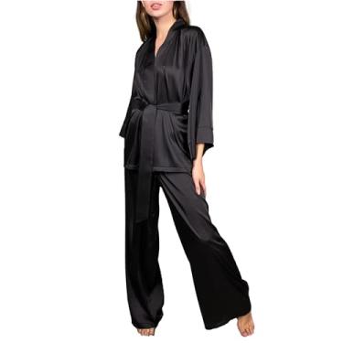 Imagem de Pijamas de cetim Mulheres manga longa gelo seda Pjs para mulheres conjunto de duas peças loungewear roupa de dormir,Black,M