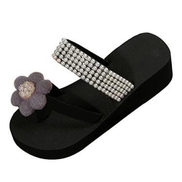 Imagem de ZHONKUI Sandálias femininas plataforma de verão confortável de espuma de tecido pérola com clipe de flor sandálias deslizantes em cunha, Azul, 35