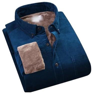Imagem de Camisas quentes de veludo cotelê algodão felpudo grosso camisa masculina quente inverno roupas masculinas forradas com lã casacos de lã, Azul marinho, GG