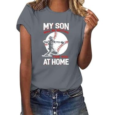Imagem de PKDong Camiseta feminina de beisebol com estampa My Son at Home, manga curta, gola redonda, casual, verão, Cinza, G
