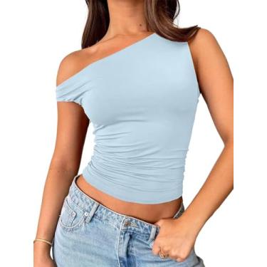 Imagem de CALEBGAR Camisetas femininas com ombros de fora, sem mangas, assimétricas, para sair, caimento justo, franzido, cropped Y2K na moda, Azul, G