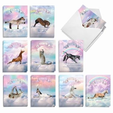Imagem de The Best Card Company - 20 cartões de animais de ioga em branco (10 x 5,12 polegadas) - Conjunto infantil para todas as ocasiões (10 designs, 2 cada) - Rainbow Unicorn Yoga AM3198OCB-B2x10