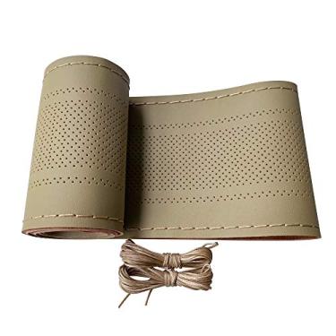 Imagem de Capa para volante de couro Carodi, design respirável antiderrapante, sensação macia e confortável, universal, 38 cm, costura para volante de carro (tamanho M, bege)