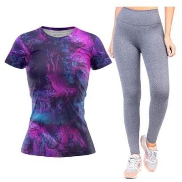 Imagem de Kit Blusa Camiseta Feminina Academia Feminina Calça Legging Preta Cinza Pilates Funcional Cós alto-Feminino