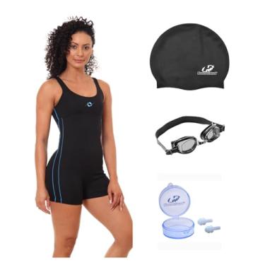Imagem de Kit Macaquinho Helanca Natação com Óculos Uv Touca E Protetor (Preto/Turquesa - Óculos Preto, P)