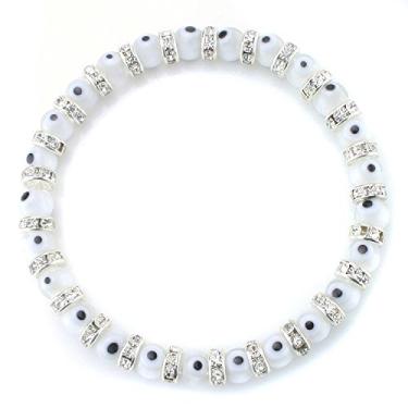 Imagem de JEWELRIESHOP Pulseira turca de olho turco, contas de vidro de murano, pulseira espaçadora de cristal transparente para mulheres (6-8 mm, azul, vermelho, preto, branco, contas de olho de cores mistas