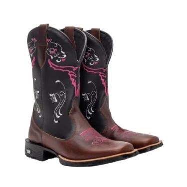 Imagem de Bota Texana Feminina Couro Country Bico Quadrado Café Cara de Boi Tamanho:39;Cor:Marrom;Gênero:Feminino