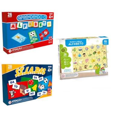 Imagem de Kit de Brinquedos para Alfabetização Jogos Alfabeto + Silabas + Quebra cabeça Alfabeto em Madeira - Coluna