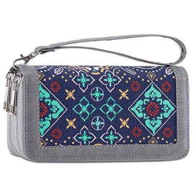 Imagem de Carteira feminina de embreagem longa com zíper duplo com alça de mão para cartão, dinheiro, moeda, Padrão geométrico azul, Large, Clássico
