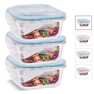 Imagem de KIT 3 Potes de Vidro Quadrado com Tampa Hermética 520ml Cor:Azul (QH)