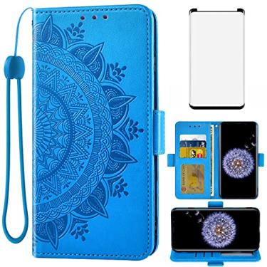 Imagem de Asuwish Compatível com Samsung Galaxy S9 Plus, capa tipo carteira de vidro temperado, suporte para cartão, alça de pulso, suporte para celular para Glaxay S9+ 9S 9+ S 9 9plus S9plus masculina azul