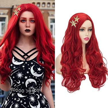 Imagem de peruca princesa sereia coraline longo encaracolado ondulado vermelho para mulheres fantasia de halloween peruca de festa com grampos de cabelo estrela do mar