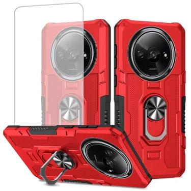 Imagem de Ueokeird Capa para Xiaomi Redmi A3, capa 23129RN51X com protetor de tela de vidro temperado, proteção resistente com anel de metal suporte magnético capa de telefone para Xiaomi Redmi A3 vermelho