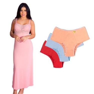 Imagem de Kit Camisola Longa Amamentação Com Recorte Lateral Sensual + 3 Calcinh