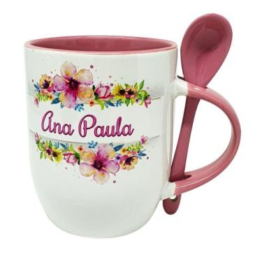 Imagem de Caneca Colher Rosa Personalizada Floral Irmã, Mamãe, Vovó - GMH Prod. 