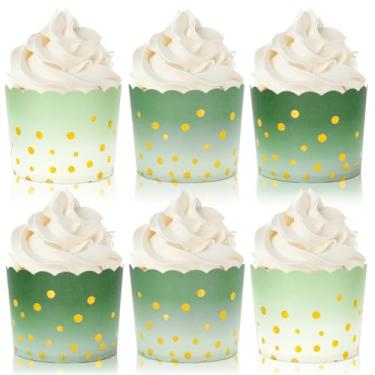 Imagem de JarThenaAMCS 120 peças de copos de papel verde sálvia gradiente de ouro verde com pontos para cupcake, bordas recortadas, capas de muffin de cupcake para festa de aniversário de casamento
