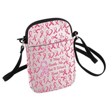 Imagem de HOLLP Bolsa tiracolo feminina para conscientização do câncer de mama It May Battle Me But It Won't Beat Me Small Sling Bag fita rosa GIft, Câncer de mama