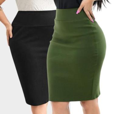 Imagem de Kit 2 Saia Lapis Midi Bengaline Feminina Lisa Secretária Cintura Alta 