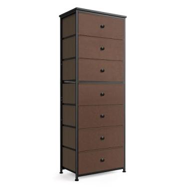 Imagem de Cômoda alta de tecido para quarto, torre organizadora de armazenamento vertical com 7 gavetas, cômoda com caixas, moldura de aço, tampo de madeira para quarto, armário, entrada cinza