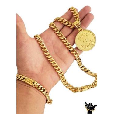Imagem de Corrente Pitbull 10mm + Pulseira + Pingente - Banhado a Ouro - ToJoia1