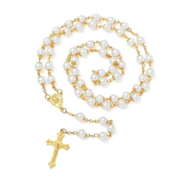Imagem de KOMI Rosário de pérola de vidro branco de 8 mm para mulheres com crucifixo de ouro, presentes de primeira comunhão com bolsa de veludo, colar de rosário católico, Vidro, Pérola de vidro
