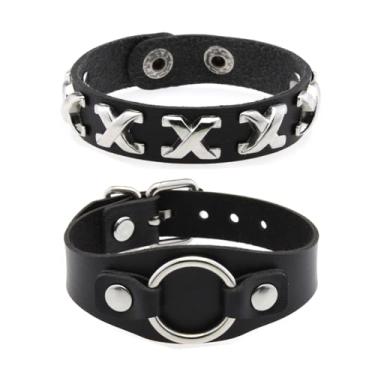 Imagem de Outman Pacote com 2 pulseiras de couro punk rock com fivela de cinto ajustável para homens, Adjustable, Couro sintético, Sem Pedra Preciosa