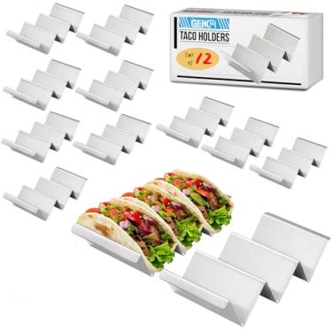 Imagem de GEIKR Conjunto de 12 suportes para tacos de aço inoxidável – Cada taco de metal suporta 3 tacos – Suporte para tacos com alças – Suportes elegantes para tacos – Bandejas de taco seguras para forno e lava-louças e churrasqueira