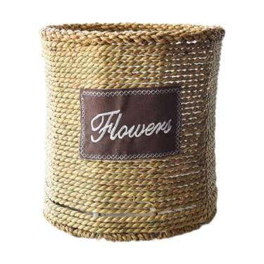 Imagem de Ioensy Cesta de tecelagem de palha para plantar recipiente decorativo criativo vaso de flores cesta de flores para festa garagem hotel corredores pátio, Cilíndrico