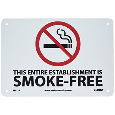 Imagem de NMC Placa de proibição de fumo M717R, legenda "THIS INTIRE ESTABLISHMENT IS FUMAKE-FREE" com gráfico, 25,4 cm de comprimento x 17,8 cm de altura, plástico de poliestireno rígido, vermelho/preto sobre