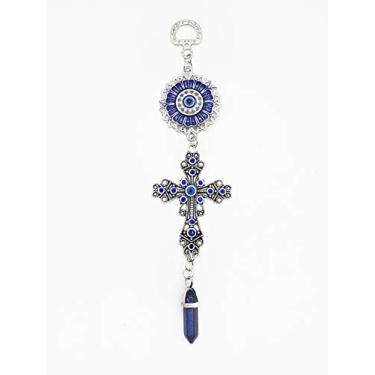 Imagem de LUCKBOOSTIUM Cruz de cristal azul e mandala, olho turco, amuleto com pedra pendurada - Ornamento para carro e casa para energia, renascimento, crescimento, proteção, acessório de espelho retrovisor (5