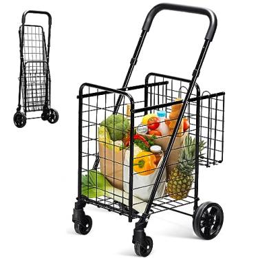 Imagem de Byroce Carrinho de compras dobrável utilitário, carrinho leve com alça, carrinho utilitário grande com rodas giratórias e cestas de armazenamento duplas, ideal para lavanderia, livro, bagagem, viagem