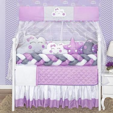 Imagem de Kit Berço Trança Céu Cab Nuvem Estrela Lilás Menina 12 Peças - L2m