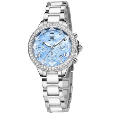 Imagem de OLEVS Relógios automáticos femininos ouro rosa esqueleto mecânico corda automática elegante vestido de luxo borboleta diamante branco pulseira de cerâmica relógio presente, ouro rosa/azul, Clássico