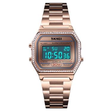 Imagem de MASTOP Relógios de pulso femininos de luxo, eletrônicos, de aço integral, LED, digital, fashion, ultrafinos, quadrados, relógios de pulso femininos.., Ouro rosa, Digital