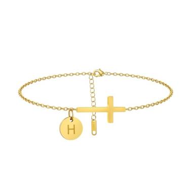 Imagem de Mauzew Tornozeleira feminina com inicial dourada delicada à prova d'água com cruz dourada personalizada A-Z Moeda Disco Letra Tornozelo Pulseira Verão Praia Joias Presentes Amizade, one size, Sem