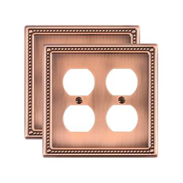 Imagem de TREEWELL Pacote com 2 capas duplas de tomada, placas de interruptor de metal e tampas de tomada, placas decorativas de parede de pérolas de cobre antigas para tomadas elétricas, capa de receptáculo