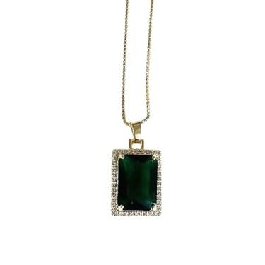 Imagem de Colar Feminino com Pedra Verde Esmeralda, Zircônias Cravejadas, Banhado a Ouro 18K