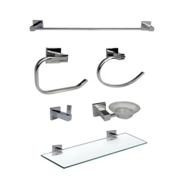 Imagem de Kit Acessórios Banheiro Em Aço Inox E Vidro 6 Peças Cromado