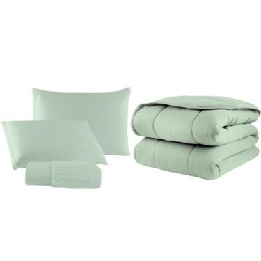 Imagem de Kit Edredom Casal Queen Malha 100% Algodão 04 Pçs Liso Dupla Face C/ V