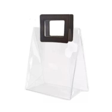 Imagem de Sacola Transparente PVC com Alça Quadrada de Couro Preta - 18x20x10 - 