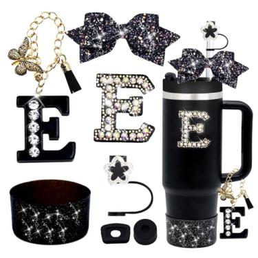 Imagem de Conjunto de acessórios para copo Stanley preto de 7 peças para copo Stanley 850 g 1,134 g, incluindo topo de palha de diamante, pingente de letra, laço brilhante, adesivo de iniciais, tampa à prova de