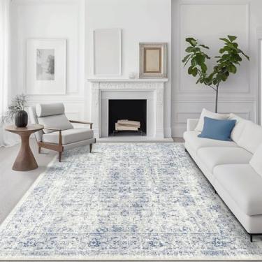 Imagem de vivorug Tapete lavável, tapete ultra macio 10 x 15 cm, tapete abstrato antiderrapante, dobrável, resistente a manchas para sala de estar e quarto, tapete de destaque moderno (marfim/azul, 12 x 15 cm)