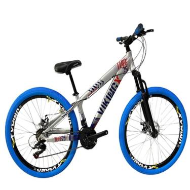 Imagem de Bicicleta Vikingx Prata Azul Aro 26 Câmbios Shimanos Aro Vmaxx Pneu Azul